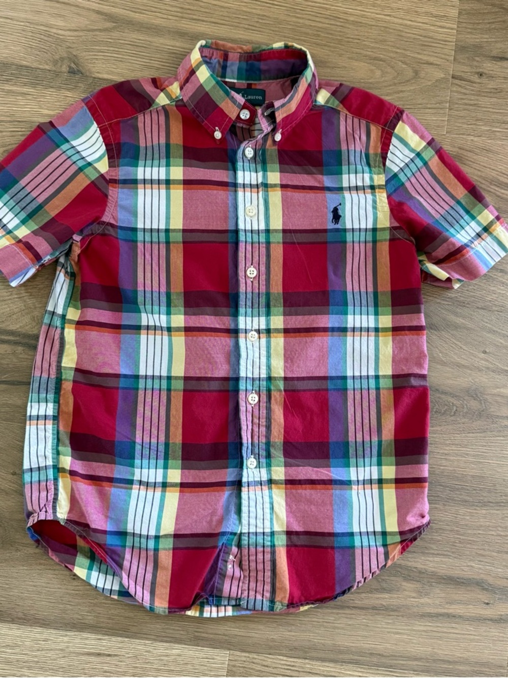 Boys Ralph Lauren Plaid Short Sleeve Shirt Size 8 Button Down Red Yellow Logo